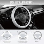 Steering Wheel Cover, Silver Patterned Leather Patchwork Design, Universal Fit 14.5"–15.5", Anti-Slip, Odor-Free, Soft PU Grain Leather, Durable Grip Car Accessory for Girls & Women