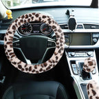 Fuzzy Steering Wheel Cover for Women Girls, Universal Fit 15 inch Fur Car Wheel Cover & Handbrake Cover & Gear Shift Cover Set, Fashion Leopard Winter Warm Fluffy Vehicle Wheel Protector