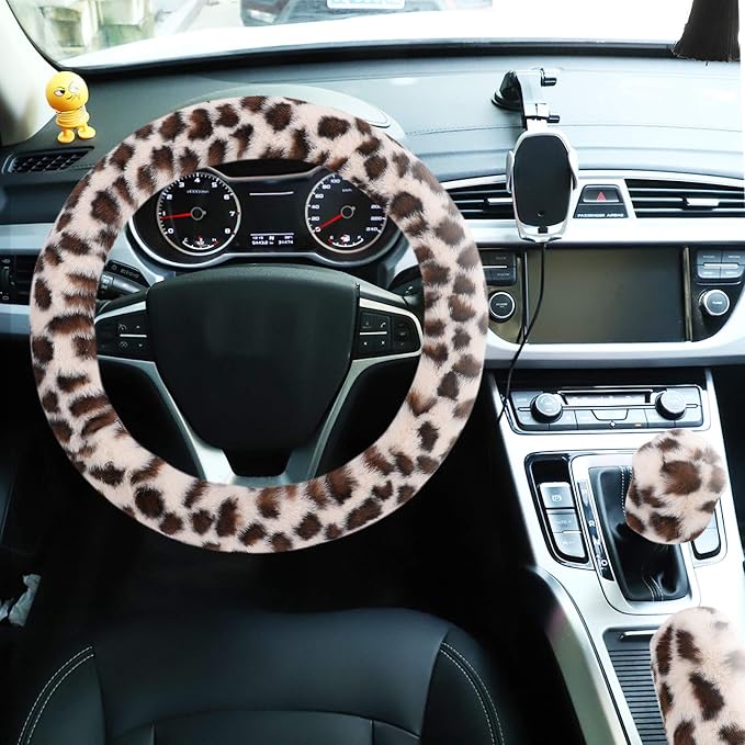 Fuzzy Steering Wheel Cover for Women Girls, Universal Fit 15 inch Fur Car Wheel Cover & Handbrake Cover & Gear Shift Cover Set, Fashion Leopard Winter Warm Fluffy Vehicle Wheel Protector