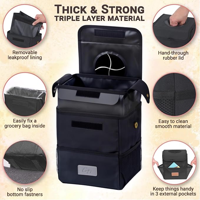 Car Trash Can [Touring Edition] - Removable Liner - 100% Leakproof, Odor Control Lid, Hanging Garbage Bin for SUV, Truck, Car (2 Gal, Black)