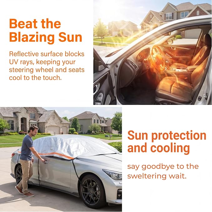 J&J All Weather Heavy-Duty Half Car Cover& Windshield Car Cover(Sedan) | Snow&Hail Windshield car cover,7-Point Windproof Design,Easy Storage & Wear,Reflective Strips, All Weather Waterproof