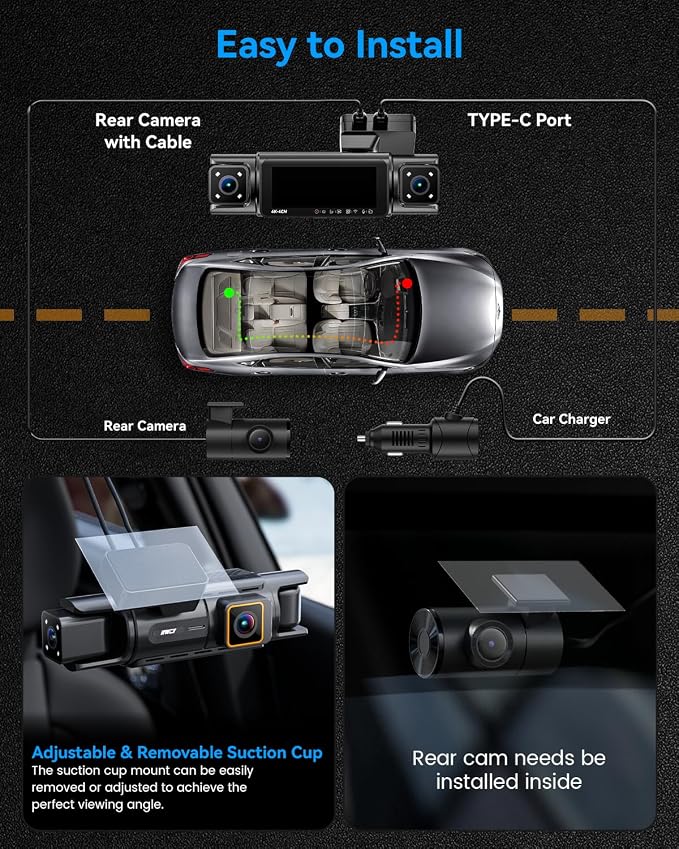 N7 PRO 4K STARVIS 4 Channel Dash Cam, 360° View Front Rear and Dual Inside Camera, WiFi 6 & GPS, 8-IR Night Vision, 2160P Dash Camera for Cars, 3.18" IPS, 24/7 Parking Mode, Free 64GB Card