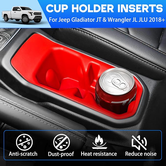 Cup holder for 2018-2025 2026 Jeep Wrangler JL JLU 4XE/Gladiator JT Accessories Cup Holder Insert Coaster TPE Non-Slip Center Console Drink Holder Organizer Cupholder Liner Pad Interior Decoration Red