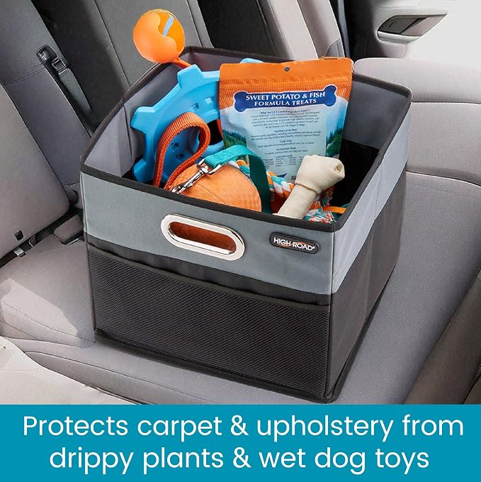 CargoCube Car Storage Bin - Leakproof Car Trunk Storage Organizer with Metal Handles and Front Mesh Pocket (Square)