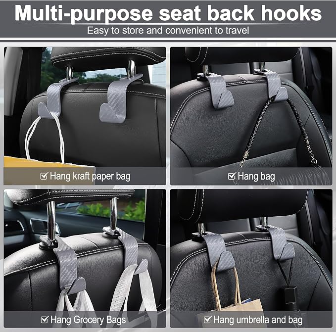 Car Purse Hook, 4 Pack Universal Auto Seat Headrest Hook Hangers Organizer for Coats, Umbrellas, Groceries - Carbon Fiber Gray