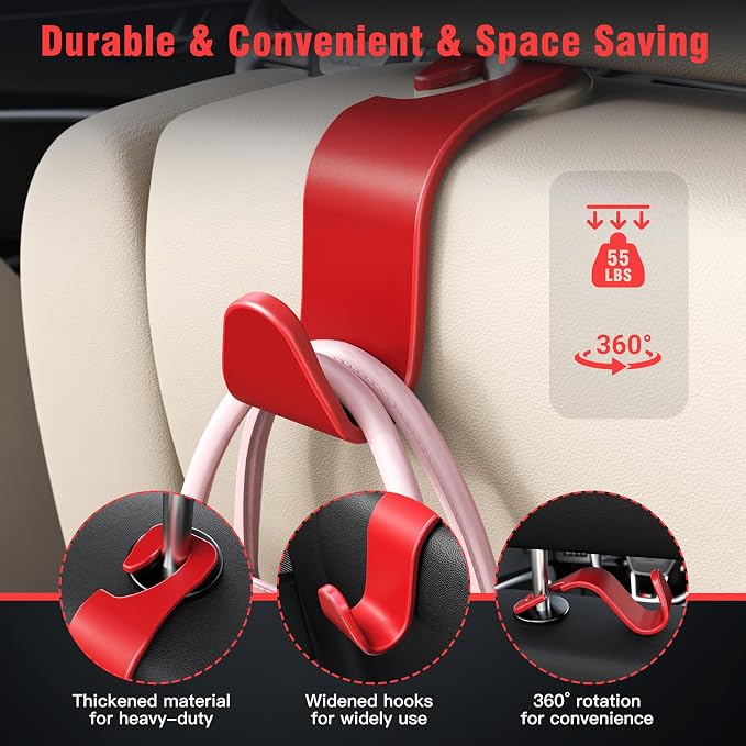 Car Seat Headrest Hook 4 Pack Hanger Storage Organizer Universal for Handbag Purse Coat Universal fit Vehicle Car S Type Red