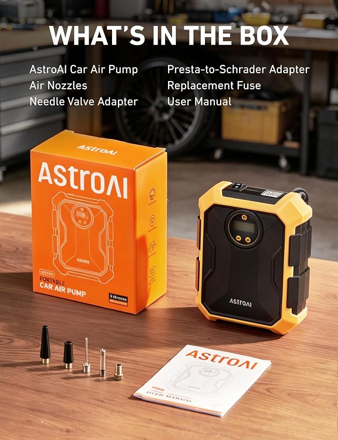 Tire Inflator Portable Air Compressor 12V DC 100PSI, Integrated Storage, Digital Gauge, Auto Shut-Off Fast Inflation LED Light, Air Pump for Car Tires Bike Motorcycle Other Inflatables, Yellow