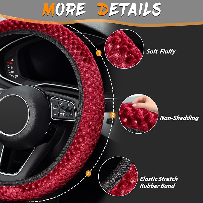 Elastic Short Microfiber Plush Steering Wheel Cover for Winter Warm, Universal 15 inch, Anti-Slip, Odorless, Wine Red