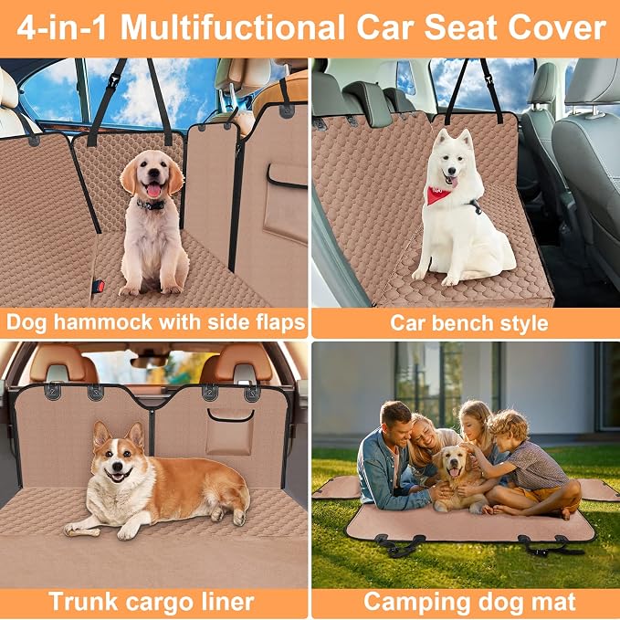 Back Seat Pet Cover for Dogs, 2026 Upgraded 600D Heavy Duty Waterproof & Scratch-Resistant Dog Hammock for Car, Car Cover for Dogs with Sedan, Trucks and SUVs, Standard, Khaki