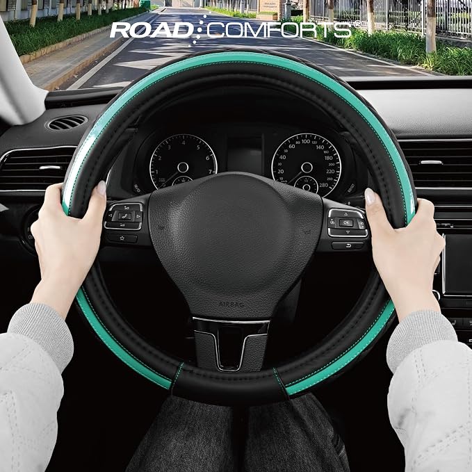 Leather Steering Wheel Cover – Black & Green Universal Fit 14.5-15 Inch, Microfiber Leather, Anti-Slip & Breathable Design for Men and Women