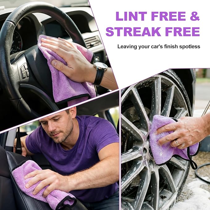 12 Pcs Microfiber Towels for Cars, 800 GSM Plush Drying Cleaning Cloth Bulk, 16 x 16 Inch Thick Absorbent Wash Detailing Towels for Car Polishing, House, Kitchen Cleaning(Purple)