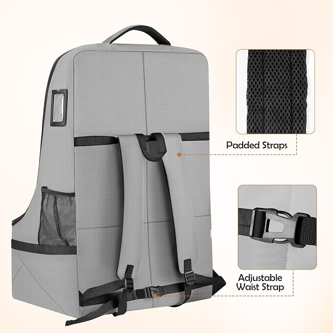 Padded Gate Check Car Seat Travel Bag | Foldable Carseat Cover for Airplane Travel, Car Seat Carrier for Airport, Baby Carseat Backpack for Air Travel(Grey)