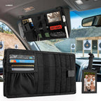 Tactical MOLLE Sun Visor Organizer - Multi Pockets Car Visor Panel with Zipper Pouch, Detachable Photo/Info Panel & Glasses Clip for EDC Gear