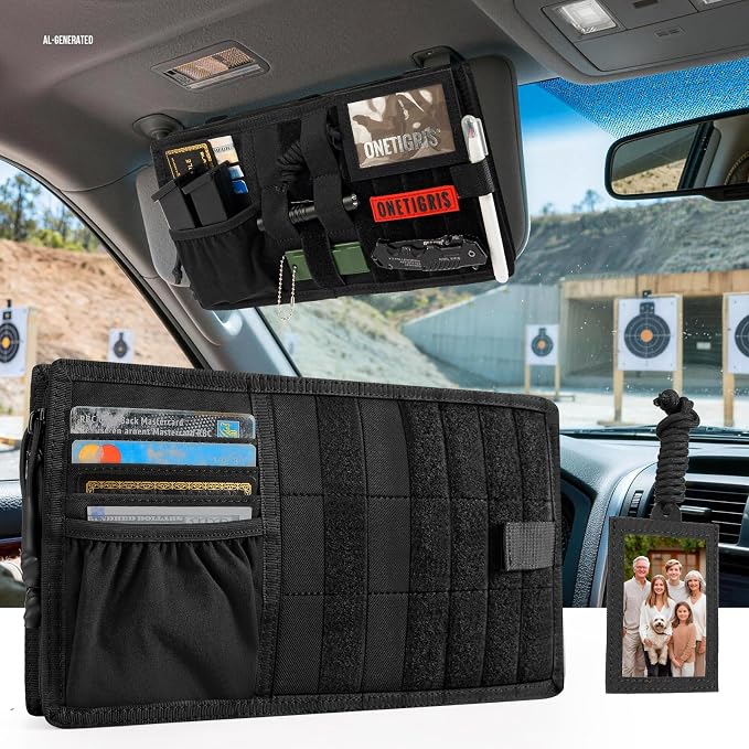 Tactical MOLLE Sun Visor Organizer - Multi Pockets Car Visor Panel with Zipper Pouch, Detachable Photo/Info Panel & Glasses Clip for EDC Gear