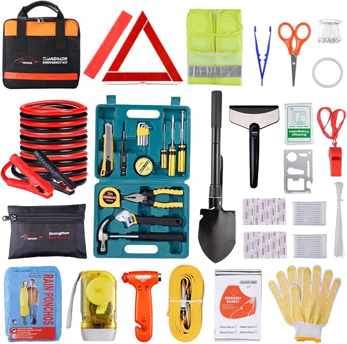 Car Roadside Emergency Kit with Jumper Cables, Auto Vehicle Safety Road Side Assistance Kits, Winter Car Kit Essentials for Women and Men, with Car Repair Tool Set, Folding Survival Shovel