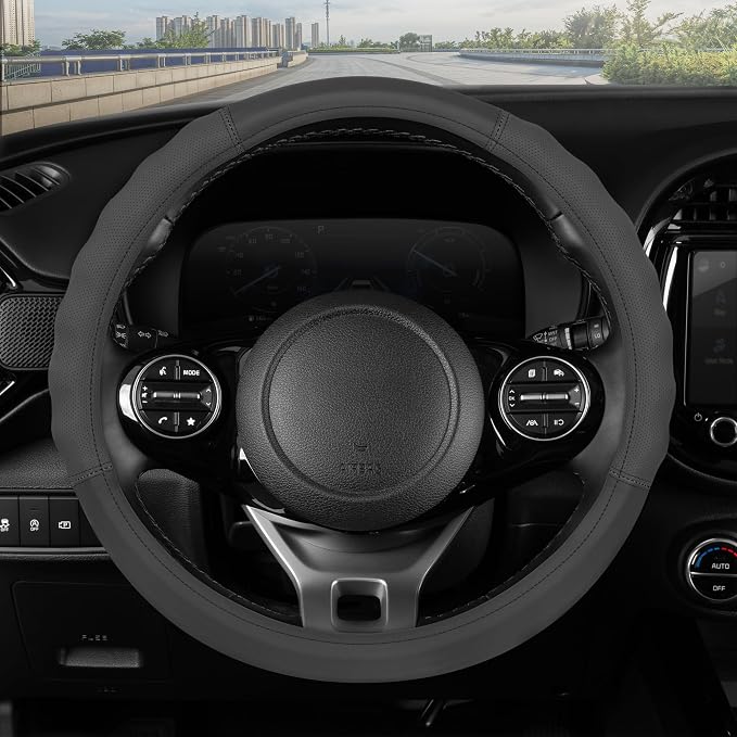 Soft Touch Leather Gray Steering Wheel Cover with Grooves, Advanced Traction Universal Fit for Standard Sizes 14.5 15 15.5 inches