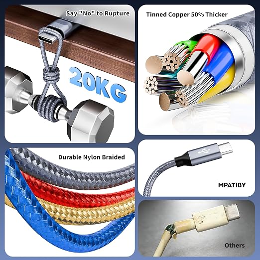 Multi Charging Cable,3 Type-C Multiple Charger Cable Nylon Braided 4 in 1 Multi USB Cable Charging Cord with IP/Type C Ports for Cell Phones/iPhone/Tablets/Galaxy & More-1Pack 5Ft.