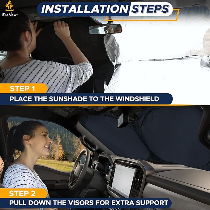 Truck Windshield Sun Shade with Storage Pouch | Reflective 240T Material Sun Shield for UV & Heat Protection | Foldable Windshield Cover | Must-Have Truck Accessories | X-Large (69"x35")