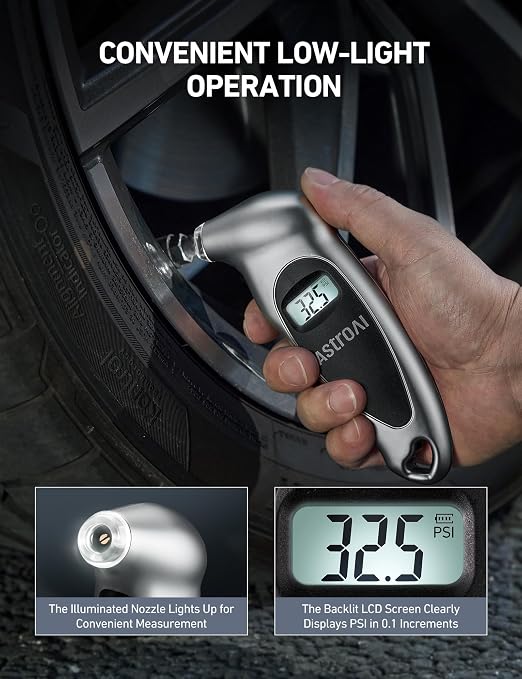 Digital Tire Pressure Gauge 0-150PSI, Accurate in 0.1 Increments, Tire Gauge with Backlit LCD and Presta Valve Adaptor, 4 Units of Measurement for Car Truck Bicycle, Silver 1Pack