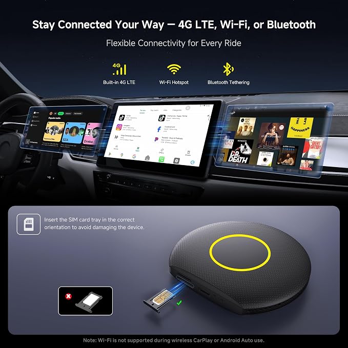 Wireless CarPlay&Android Auto Adapter Magic AI Box with 4G LTE | 8GB+128GB, GPS, Full Android OS, Gemini 3.0, Compatible with Wired Factory CarPlay&Android Auto, Support for YouTube/Netflix