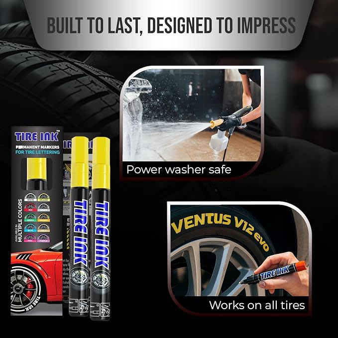 Yellow Paint Pen 2-Pack - Waterproof Permanent Paint pens for Car Wheels Lettering | Car Wash Safe and Durable | Made in Japan