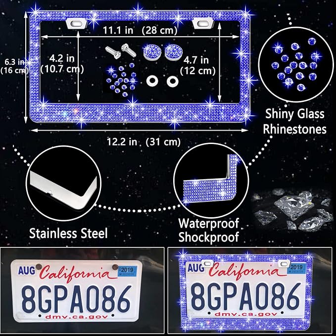 27 PCs Blue Bling Car Accessories Set for Women, Steering Wheel Covers Universal Fit 15 Inch, Bling License Plate Frame, Bling Phone Holder, Bling Car Coasters (Blue Diamond)