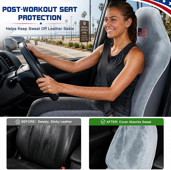 Car Seat Towel Cover, Sweat-Proof & Absorbent Microfiber Seat Protector for Gym, Workout & Beach, Universal Fit for Most Cars, SUVs & Trucks, 59"x29", Silver Gray Flag (2-Pack)
