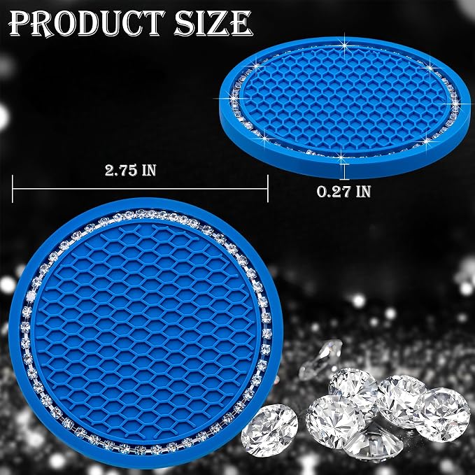 2PCS Bling Cup Holder Coaster, 2.75 Inch Auto Car Cup Holder Insert Coasters, Soft Silicone Anti-Slip Shockproof, Universal Vehicle Interior Accessories for Women Girls (Emerald Blue & White)
