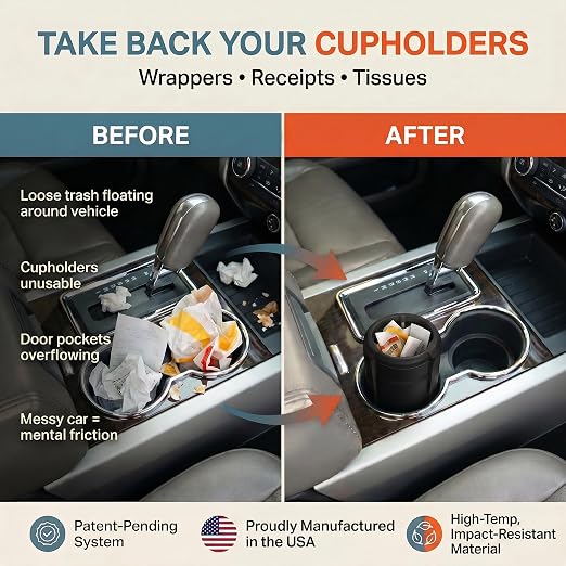 Car Trash Can Cup Holder | Mini Car Trash Can | Fits in Most Doors | 5.1" x 2.9" | Traps More & Empties Less, Patent-Pending Compaction, Holds Weeks of Small Garbage, Black/Grey