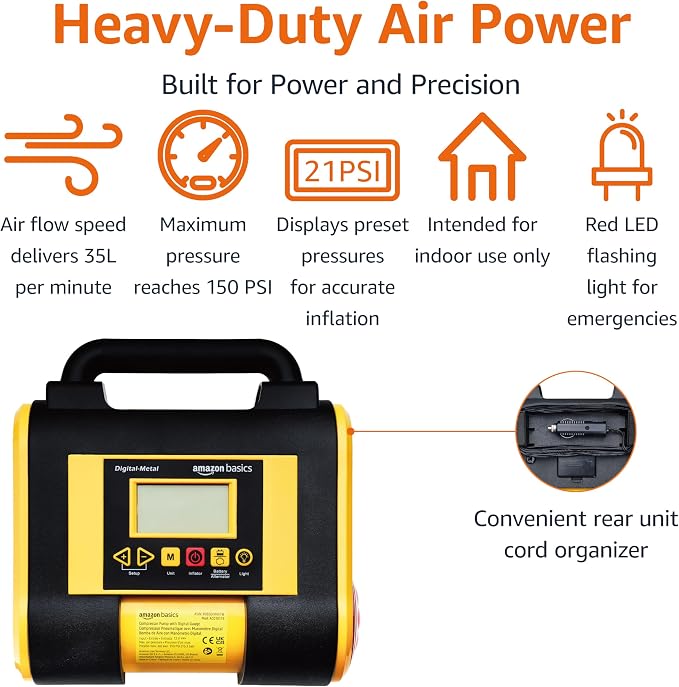 Portable Car Tire Inflator with Digital Pressure Gauge, 150 PSI, 12V DC, Black