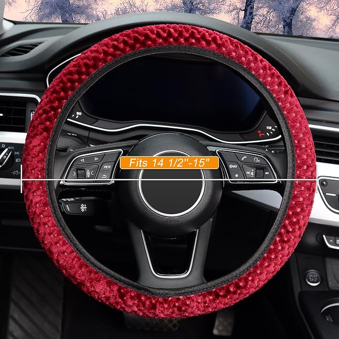 Elastic Short Microfiber Plush Steering Wheel Cover for Winter Warm, Universal 15 inch, Anti-Slip, Odorless, Wine Red