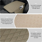 Car Center Console Cover, Upgraded Leather Car Armrest Cushion with 2 Storage Pockets, Universal Waterproof Cushion Pad, Non-Slip Car Interior Accessories, Fits Most Sedans SUVs Trucks (Beige)