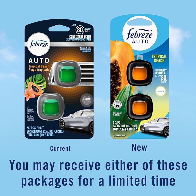 AUTO Air Freshener, Odor-Fighting Automotive Vent Clip, Scented Car Accessories, Long Lasting for Strong Odors, Tropical Beach Scent, 2 Count
