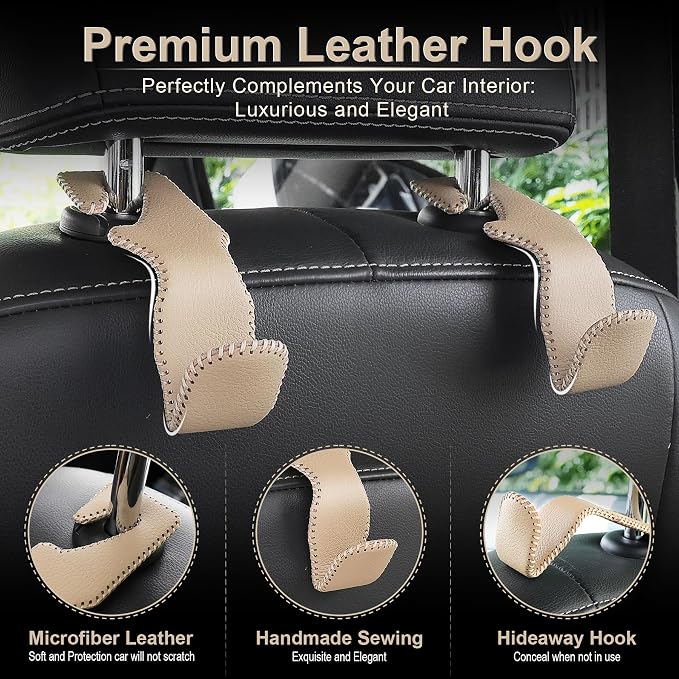 Beige Superior Leather Car Seat Back Headrest Hook, Auto Seat Hook Hangers Interior Accessories for Purse Coats Umbrellas Grocery Bags Handbag, 2-Pack
