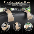 Beige Superior Leather Car Seat Back Headrest Hook, Auto Seat Hook Hangers Interior Accessories for Purse Coats Umbrellas Grocery Bags Handbag, 2-Pack