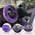 Fluffy Steering Wheel Cover 3PCS Set – Plush Fuzzy Fur Steering Wheel Cover with Gear Shift Cover & Handbrake Cover, Winter Warm Car Accessories, Car Interior Accessories for Women (Purple)