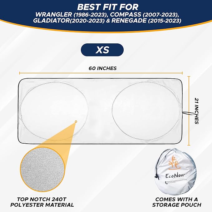 Jeep Windshield Sunshade | Sun Visor for UV Rays & Heat Protection | Suitable for Wrangler, Gladiator | Jeep Accessories for Wrangler | X-Small - 60x21 Inches