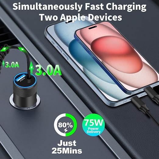 【MFi Certified】iPhone 17 Car Charger Fast Charging, 75W USB C PD&QC Car Power Cigarette Lighter USB Charger with 6FT Type C Coiled Cable for iPhone 17/17 Pro Max/16/15/Galaxy S26/S25/Pixel