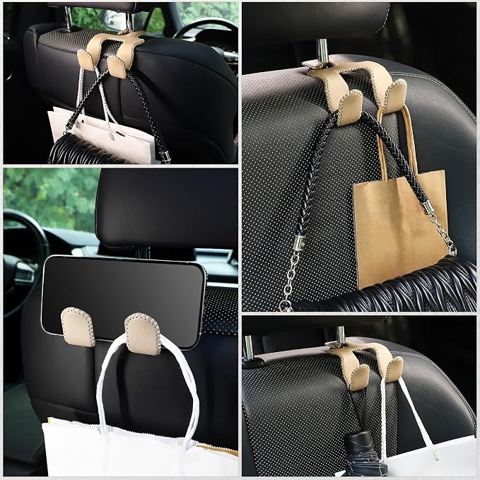 Upgraded Superior Leather Car Seat Back Headrest Hook, 2 in 1 Auto Seat Hook Hangers Holder Organization Interior Accessories for Purses Coats Umbrellas Grocery Bags Handbag (Beige)