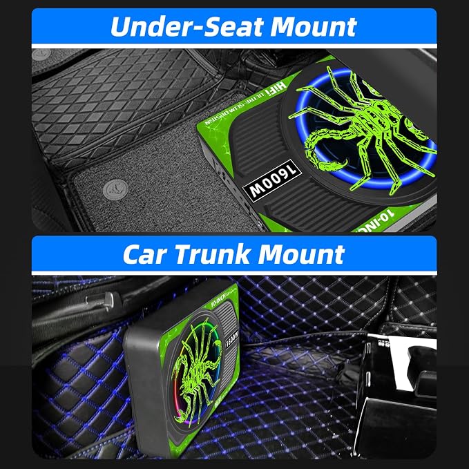 2026 Upgraded 10" 1600W Slim Under Seat Car Subwoofer with Built-in Amp & LED Ambient Lights - Low Profile Bass Sub for Car Audio Individual Controls (LPF/Gain/Bass Boost) High Output Distortion-Free