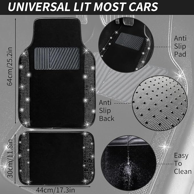 12 Pcs Bling Car Accessories Set for Women Car Floor Mats Full Set Steering Wheel Cover Seat Belt Covers Coasters Universal Fit Car SUV Truck Van Black