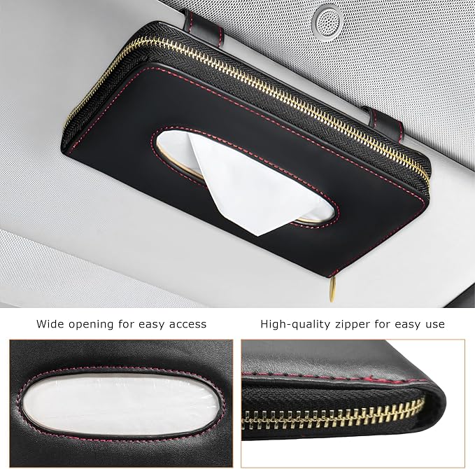 Car Tissue Box, Leather Auto Sun Visor Napkin Case Tissue Case Holder with Zipper, Sunvisor Paper Towel Storage Box Napkin Organizer for Most Vehicles, Car Accessories (Black)