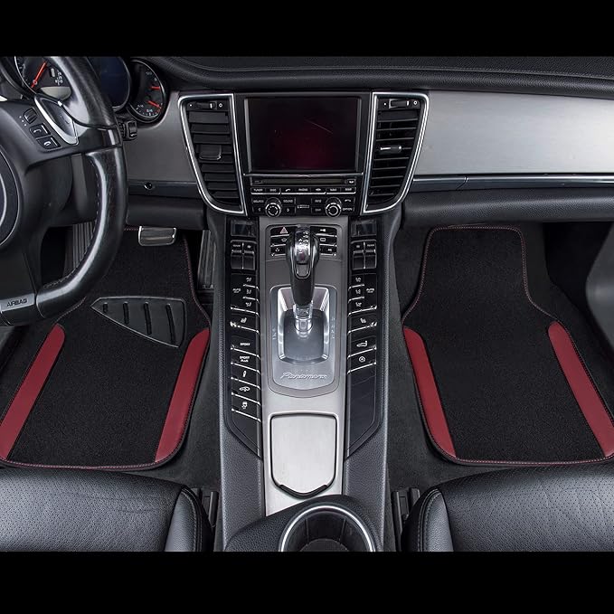 Waterproof Universal Fit Car Floor Mats, Car Mats Fit for SUV,Vans,sedans, Trucks,Set of 4pcs Car Carpet with Driver Heel Pad（Black and Burgundy）