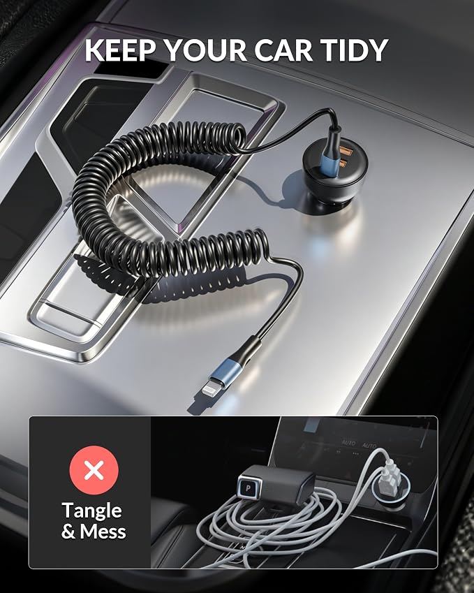 3-Port 70W Fast Car Charger for iPhone 14 13 12 11 Pro Max SE XR XS X 8 7 6 Plus, iPad, 2 Pack USB C Car Charger Adapter Cigarette Lighter with Coiled USB iPhone Carplay Cable &Lightning Charging Cord