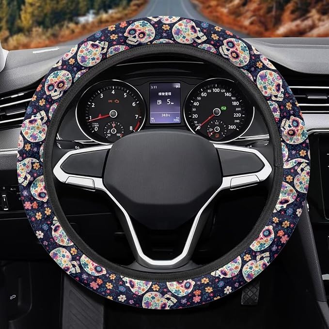 Steering Wheel Cover for Women, Hippie Flower Skull Sweat Absorbing Non-Slip Steering Wheel Protection Case, Machine Washable Elastic Flexible Universal 14 to 15 inch