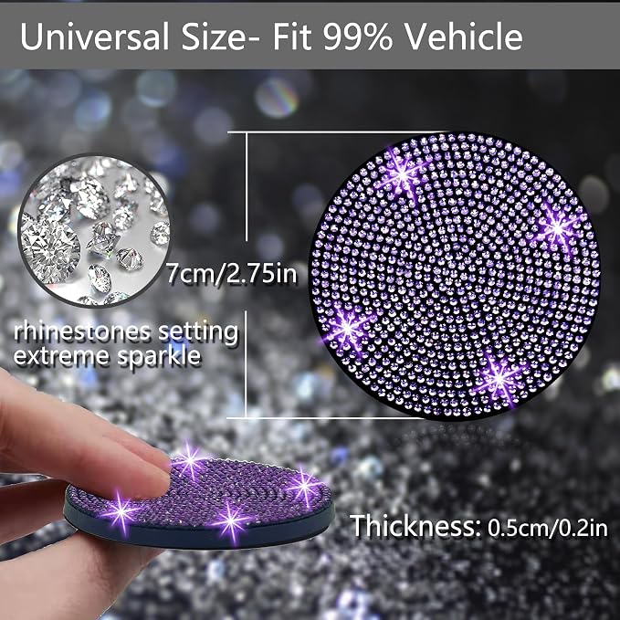 4pcs Bling Car Cup Holder Coaster, 2.75 inch Anti-Slip Shockproof Universal Car Coasters Insert Bling Crystal Rhinestone Automotive Interior Accessories for Women (4 pcs, Purple Violet)