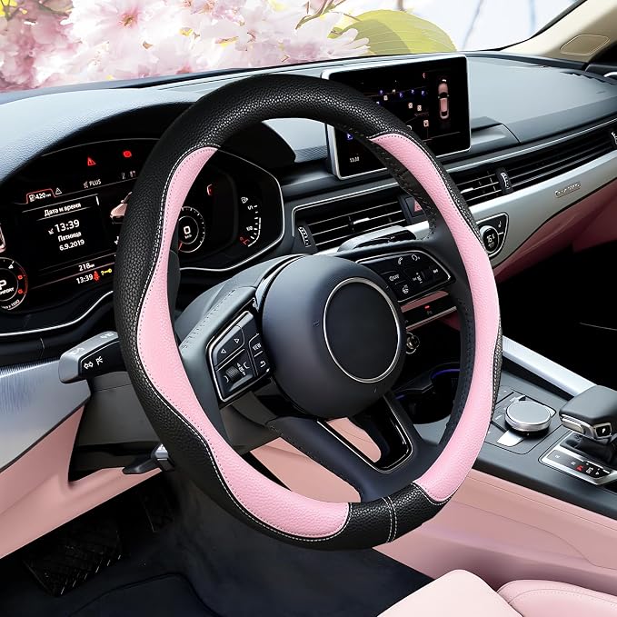 Pink Steering Wheel Cover, Non-Slip Breathable Comfort PU Imitation Leather Cute Car Accessories for Women Girl, Universal Protector in All Season 15 inch Fit Most Car