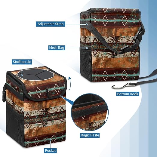 Teal Western Cow Print Car Trash Can with Lid Collapsible Reusable Waterproof Car Garage Bag,Automotive Garbage Can,Car Accessories Interior Car Organizer