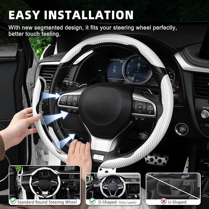 3pcs Carbon Fiber Anti-Skid Steering Wheel Cover, Waterproof Design, Universal Fit for 14-16 Inch Car Wheel Cover, Interior Car Accessories for Jeeps, SUVs, Trucks (Glossy White)