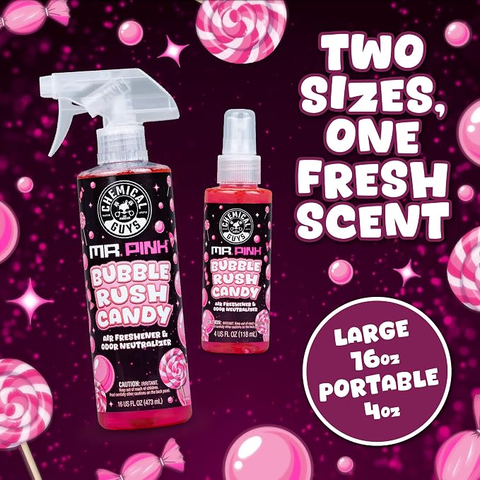 Mr. Pink Bubble Rush Candy Scent Car Air Freshener and Odor Eliminator for Cars, Trucks, and SUVs, Home, and Office - Full Size Sweet Bubble Gum Candy Scent Spray, 16 Fl Oz